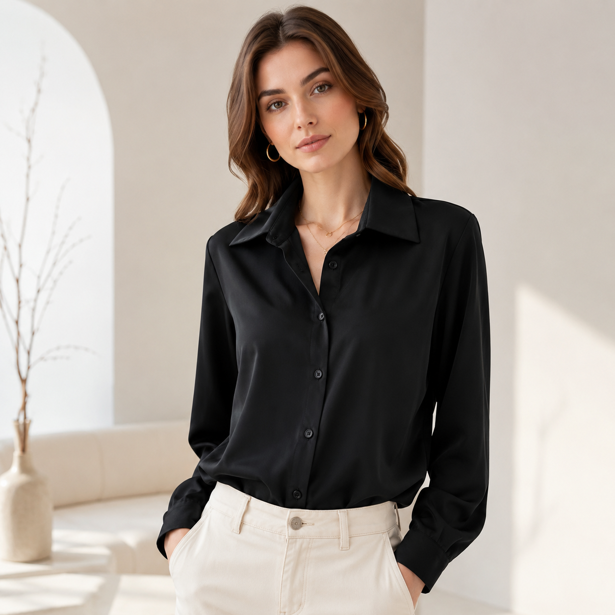 Women’s Chiffon Long Sleeve Blouse | Solid Color Button-Up Casual & Office Shirt