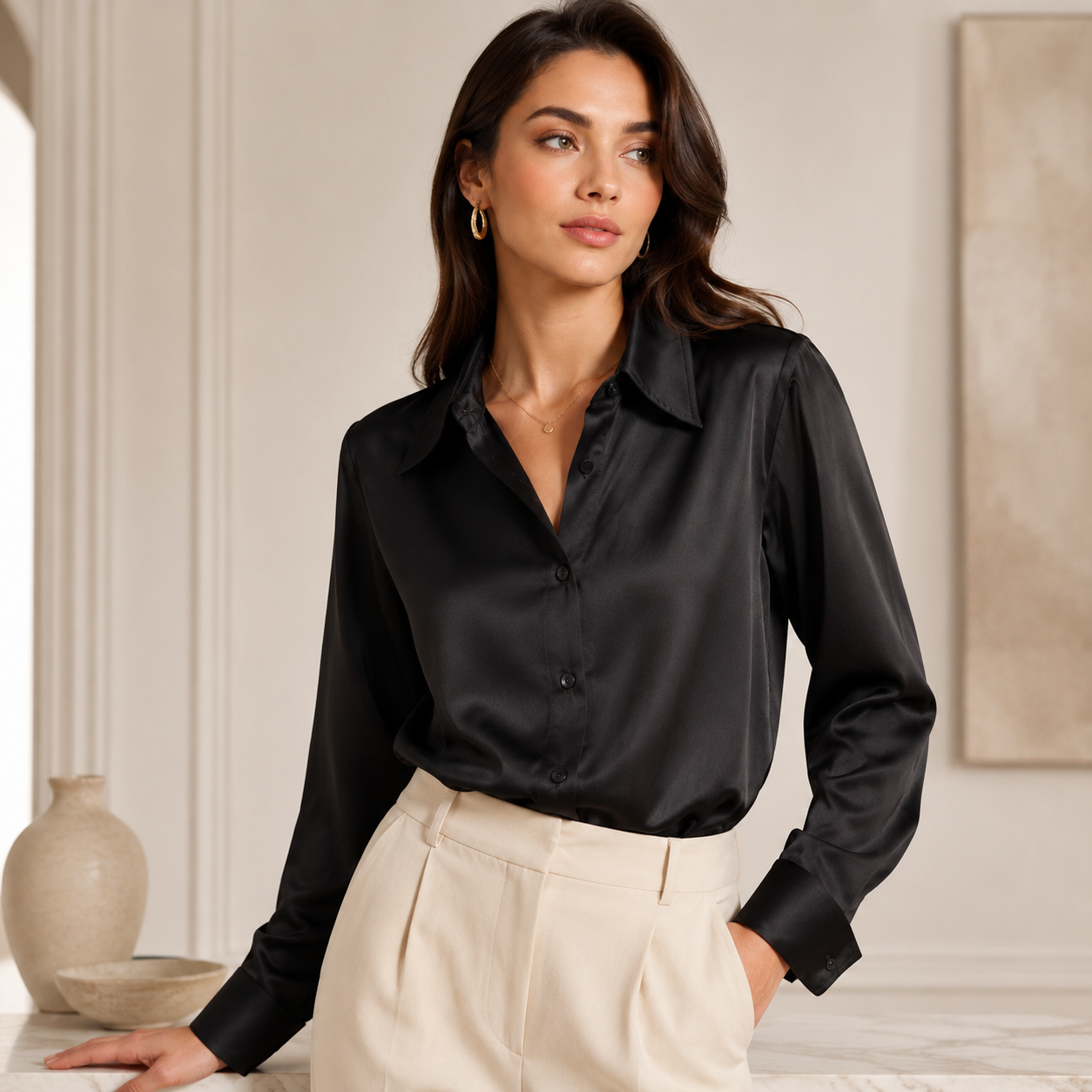 Women’s Solid Color Satin Long Sleeve Shirt | Elegant Button-Up Blouse