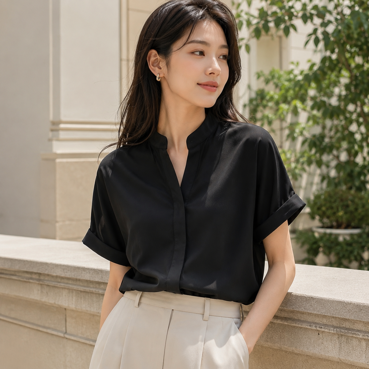 Women's Chinese Collar Chiffon Blouse | Lightweight Short Sleeve Plain Top | Casual Minimalist Shirt