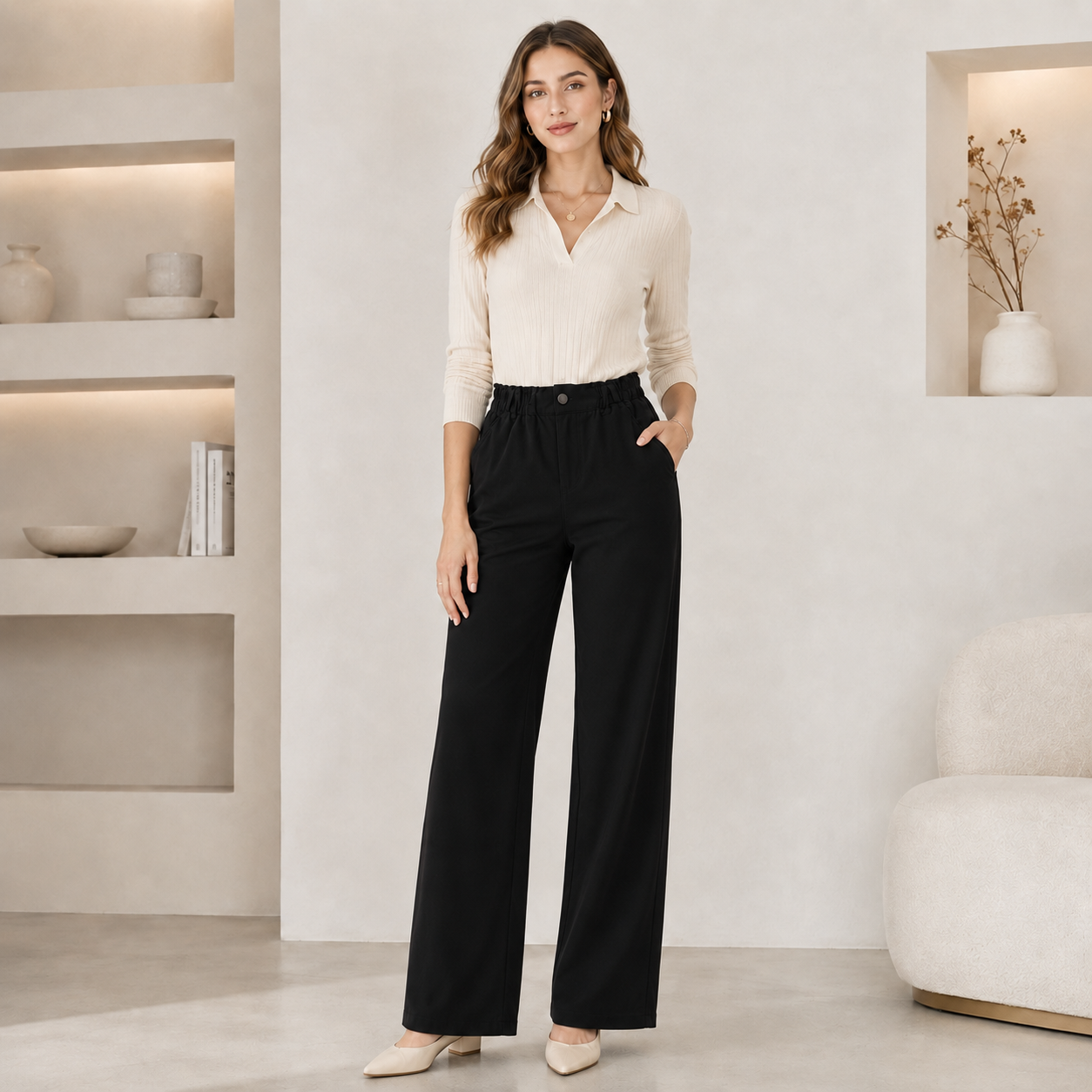 Women's High-Waist Straight-Leg Pants | Elastic Waist Business Casual Trousers | Soft Comfortable Everyday Wear
