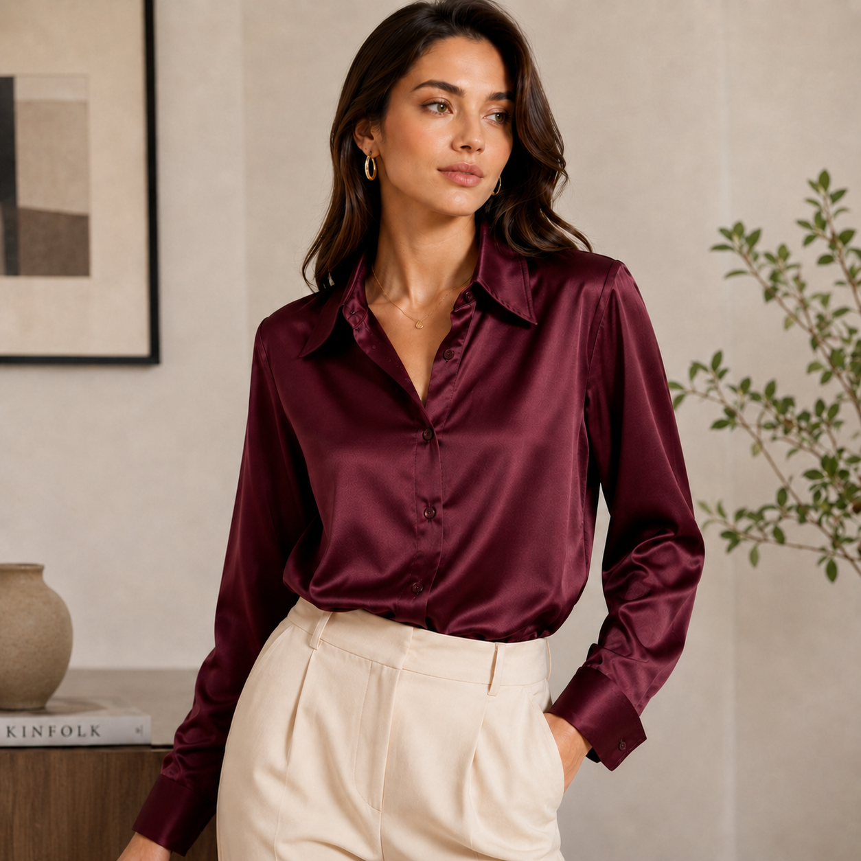 Women’s Solid Color Satin Long Sleeve Shirt | Elegant Button-Up Blouse