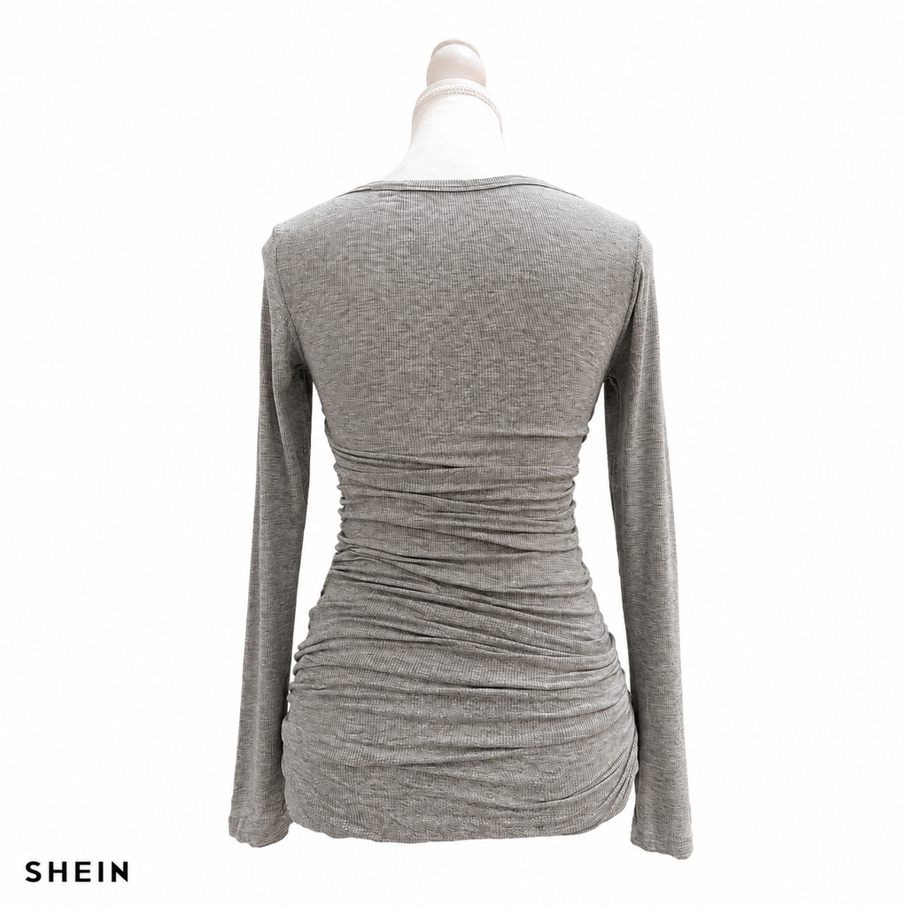 SHEIN Women's Ribbed Ruched Long Sleeve Slim Fit Top – Gray
