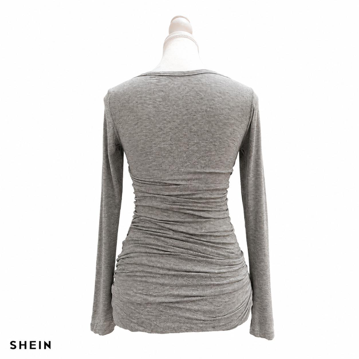 SHEIN Women's Ribbed Ruched Long Sleeve Slim Fit Top – Gray