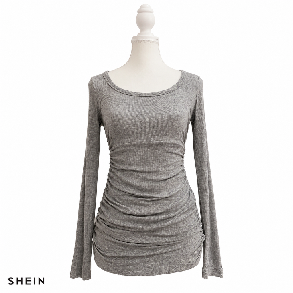 SHEIN Women's Ribbed Ruched Long Sleeve Slim Fit Top – Gray