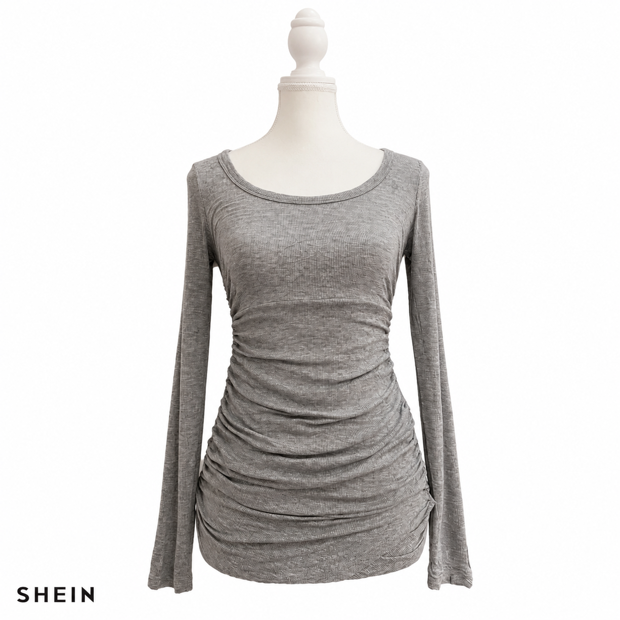 SHEIN Women's Ribbed Ruched Long Sleeve Slim Fit Top – Gray