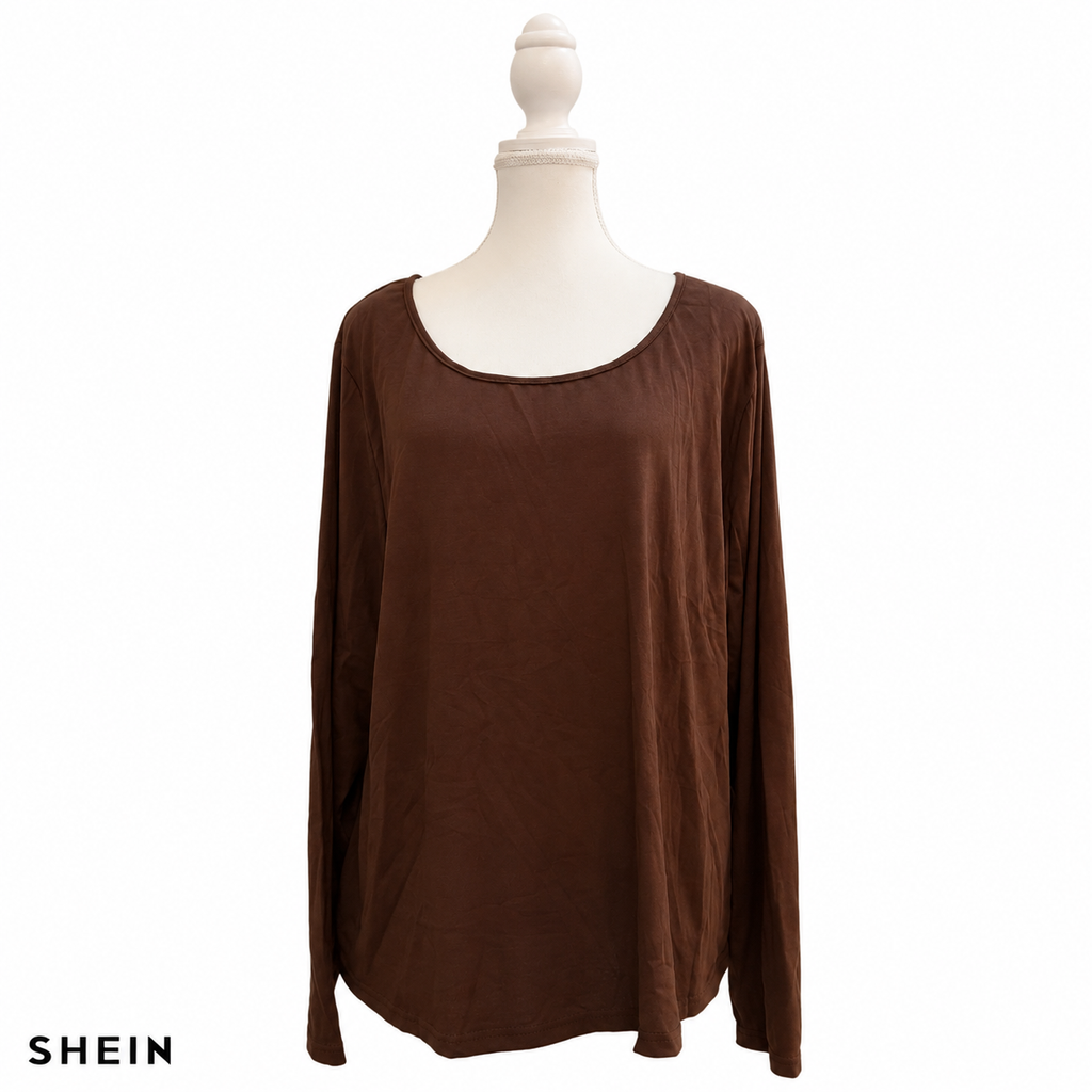 SHEIN Women's Casual Long Sleeve Scoop Neck T-Shirt – Brown