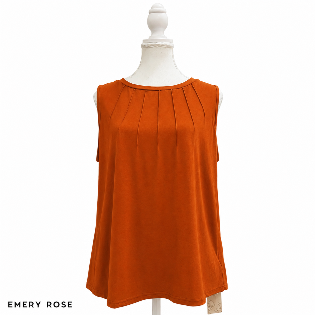 EMERY ROSE Women's Sleeveless Pleated Neck Blouse – Casual Loose Fit Tank Top | Rust Orange