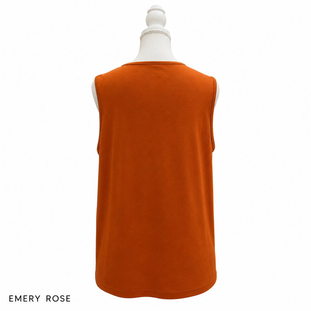 EMERY ROSE Women's Sleeveless Pleated Neck Blouse – Casual Loose Fit Tank Top | Rust Orange