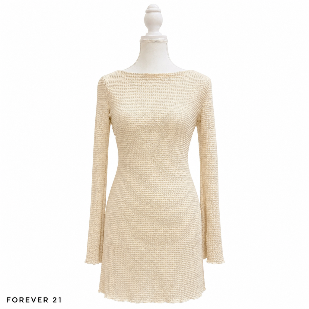 Forever 21 Women's Textured Long Sleeve Open Back Mini Dress – Cream