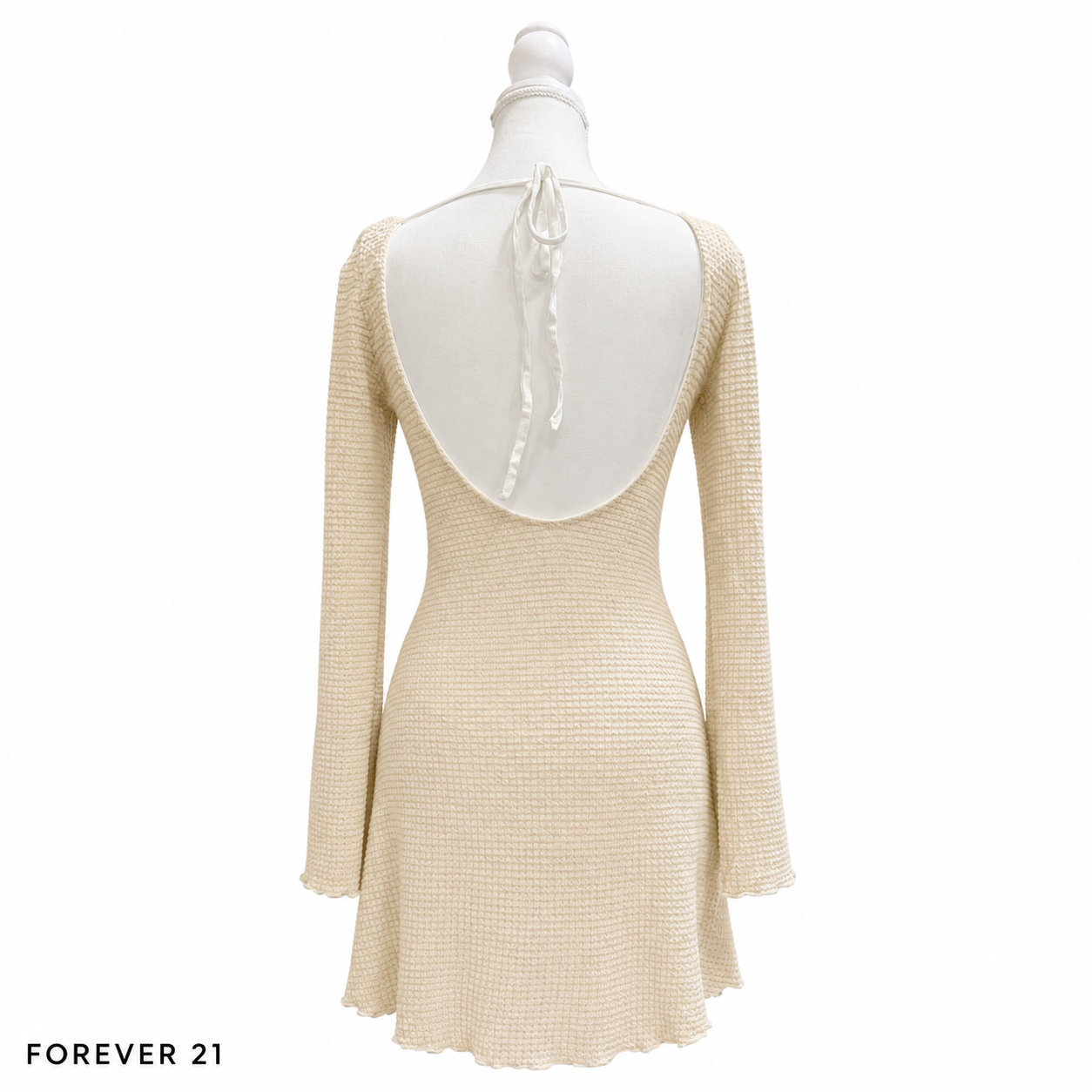 Forever 21 Women's Textured Long Sleeve Open Back Mini Dress – Cream