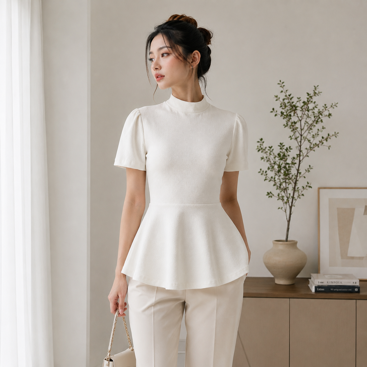 SHEIN Women's Mock Neck Peplum Blouse – White