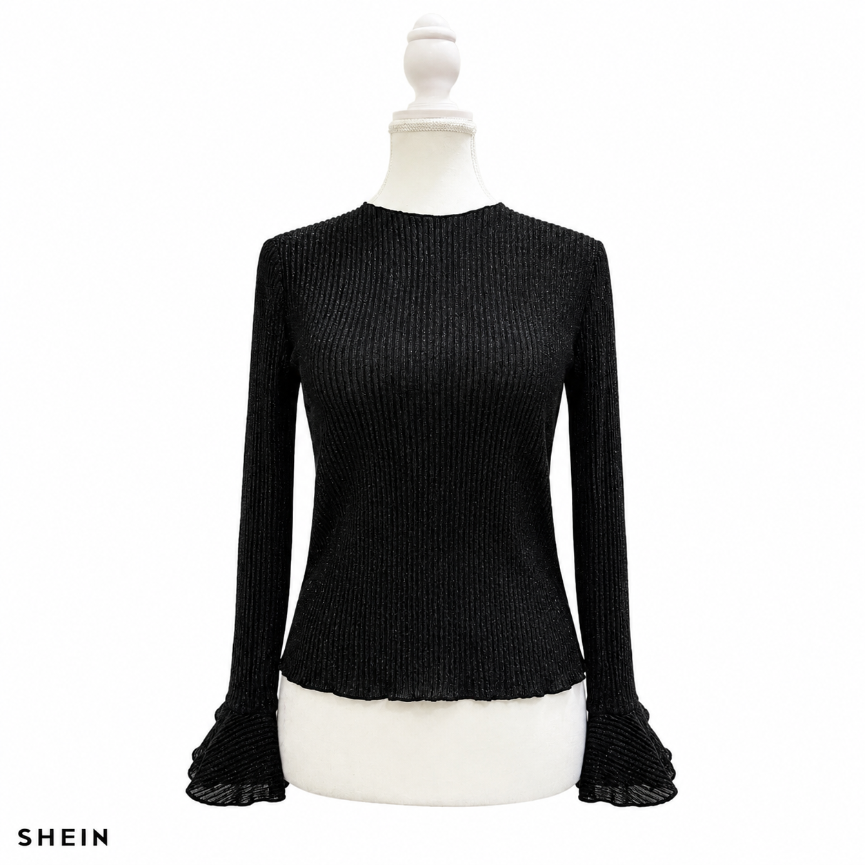 SHEIN Women's Ribbed Knit Long Sleeve Bell Cuff Top – Elegant Slim Fit Black Sweater