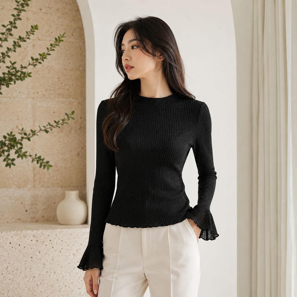 SHEIN Women's Ribbed Knit Long Sleeve Bell Cuff Top – Elegant Slim Fit Black Sweater