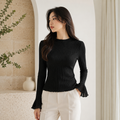 SHEIN Women's Ribbed Knit Long Sleeve Bell Cuff Top – Elegant Slim Fit Black Sweater