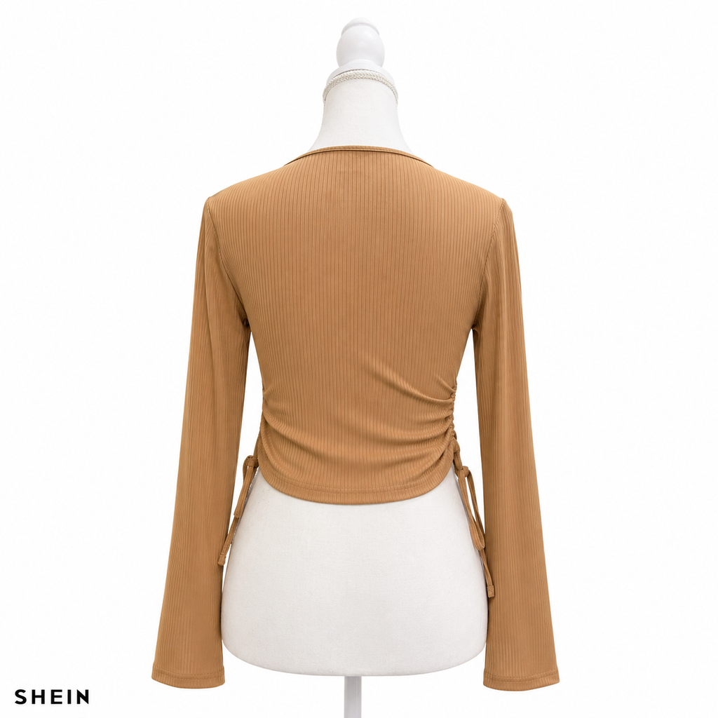 SHEIN Women's Ribbed Side Ruched Long Sleeve Crop Top – Casual Slim Fit