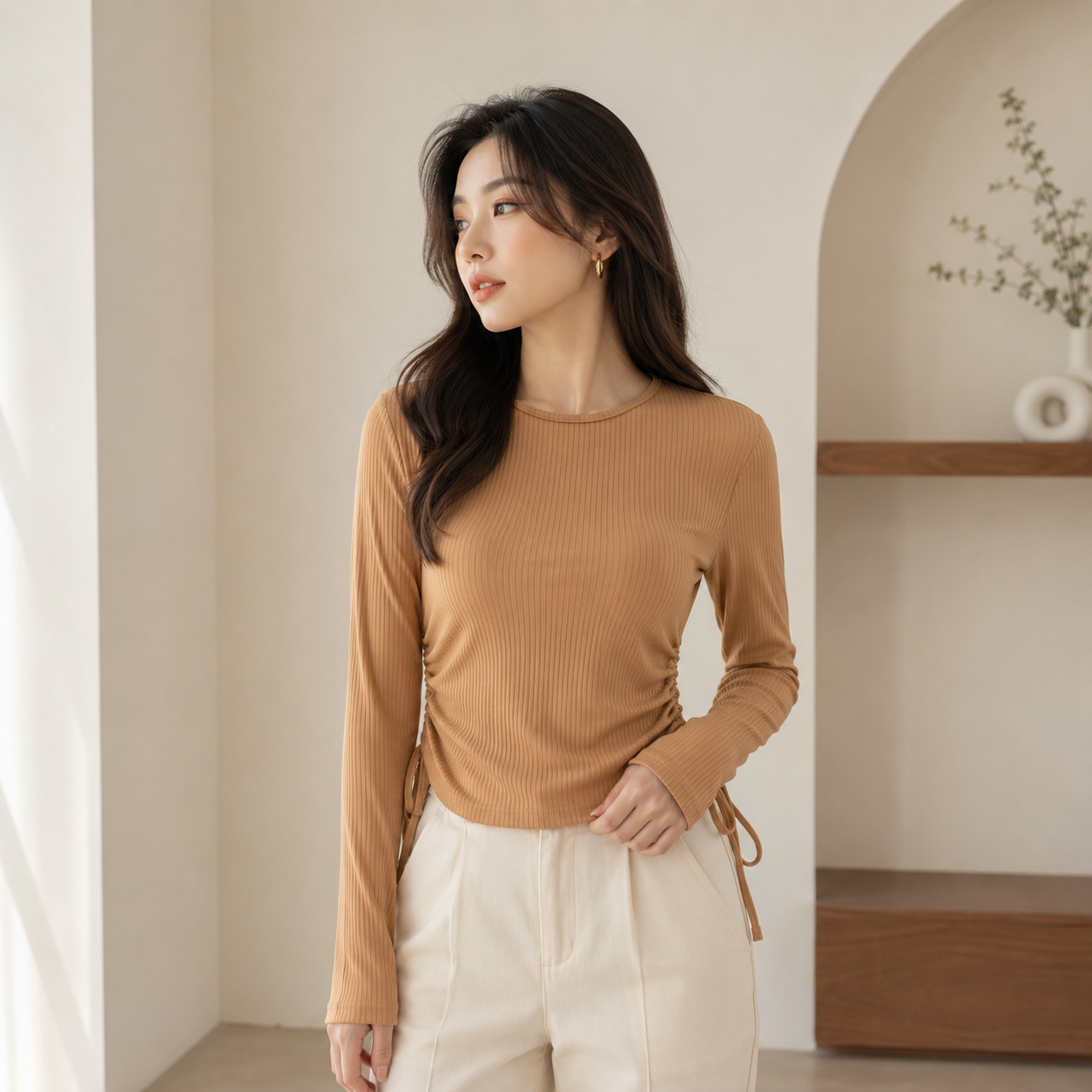 SHEIN Women's Ribbed Side Ruched Long Sleeve Crop Top – Casual Slim Fit
