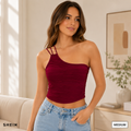 SHEIN Women's One-Shoulder Ruched Crop Top – Burgundy | Slim Fit Asymmetrical Cami | Size Medium