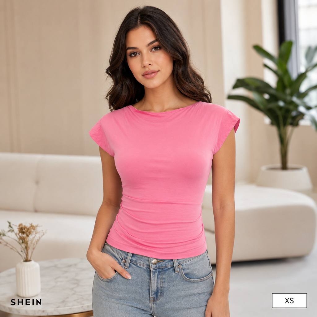 SHEIN Women's Pink Open Back Fitted Short Sleeve Top | Casual Slim Fit T-Shirt