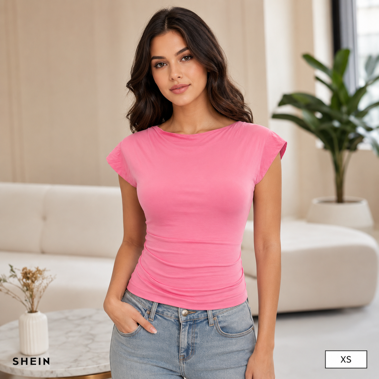 SHEIN Women's Pink Open Back Fitted Short Sleeve Top | Casual Slim Fit T-Shirt