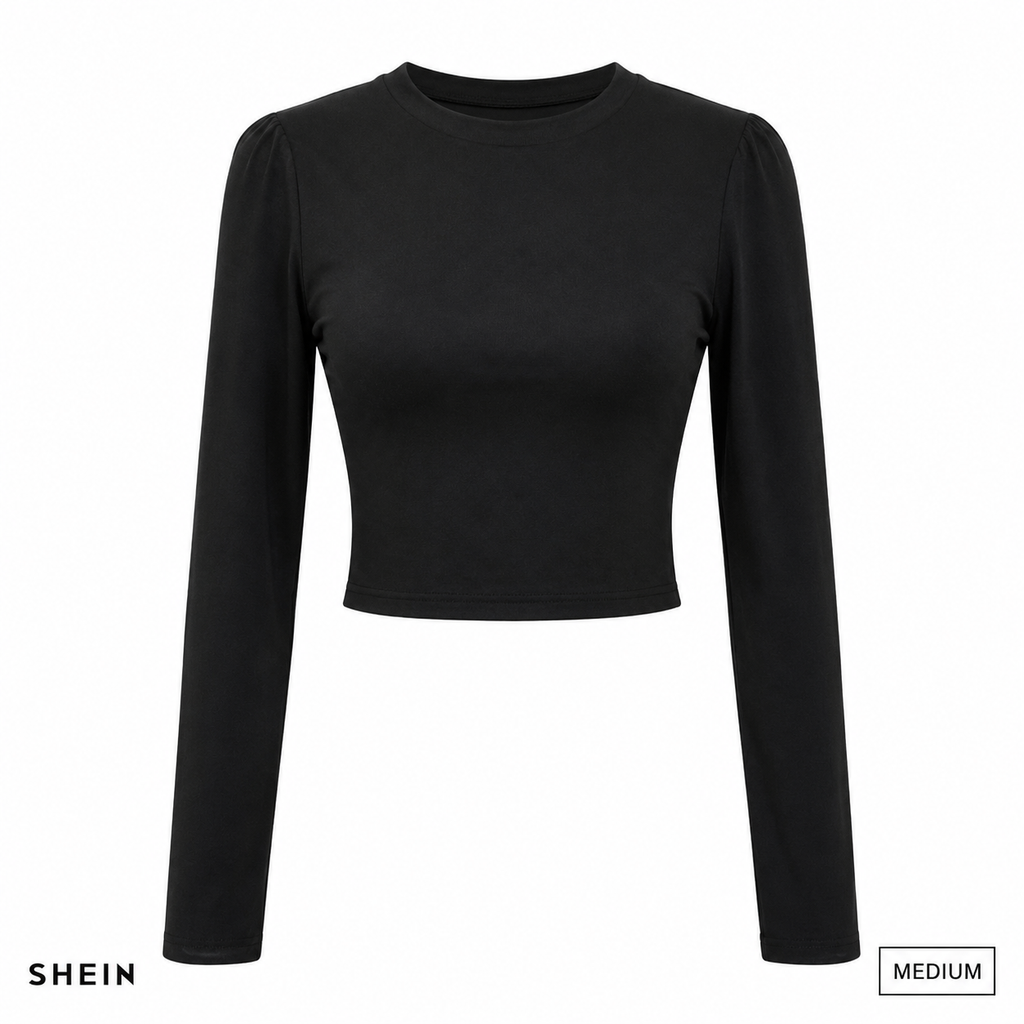 SHEIN Women's Plain Long Sleeve Cropped Top | Slim Fit Crew Neck Stretch Casual Basic Tee