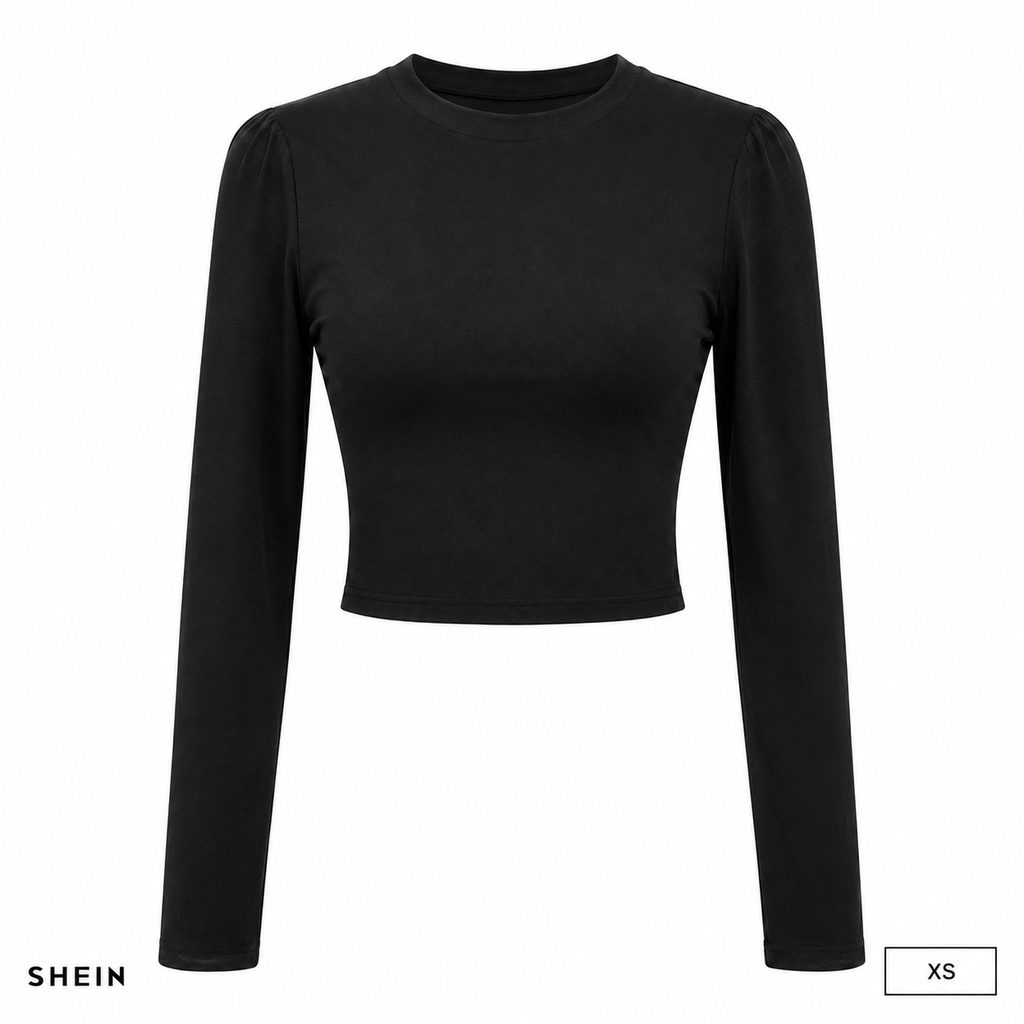 SHEIN Women's Plain Long Sleeve Cropped Top | Slim Fit Crew Neck Stretch Casual Basic Tee