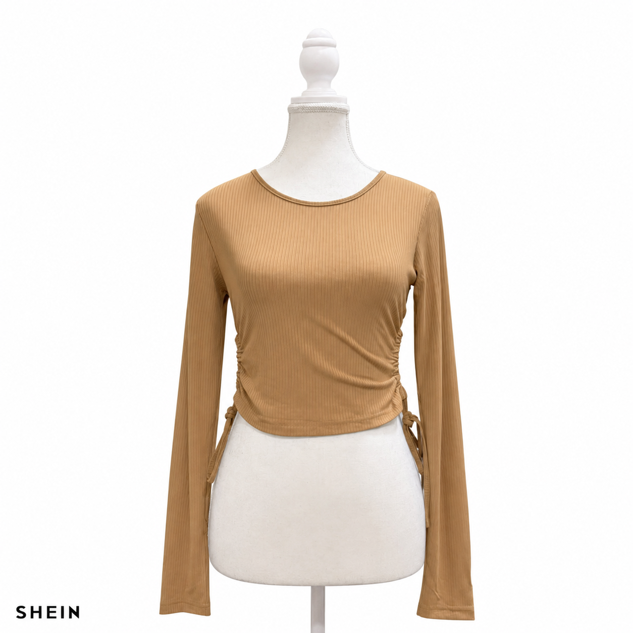 SHEIN Women's Ribbed Side Ruched Long Sleeve Crop Top – Casual Slim Fit