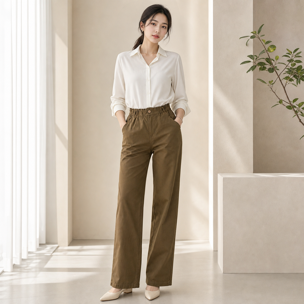 Women's High-Waist Straight-Leg Pants | Elastic Waist Business Casual Trousers | Soft Comfortable Everyday Wear