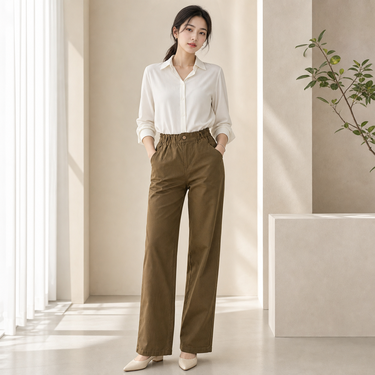 Women's High-Waist Straight-Leg Pants | Elastic Waist Business Casual Trousers | Soft Comfortable Everyday Wear