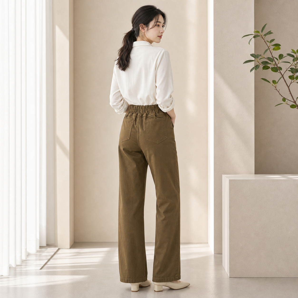 Women's High-Waist Straight-Leg Pants | Elastic Waist Business Casual Trousers | Soft Comfortable Everyday Wear