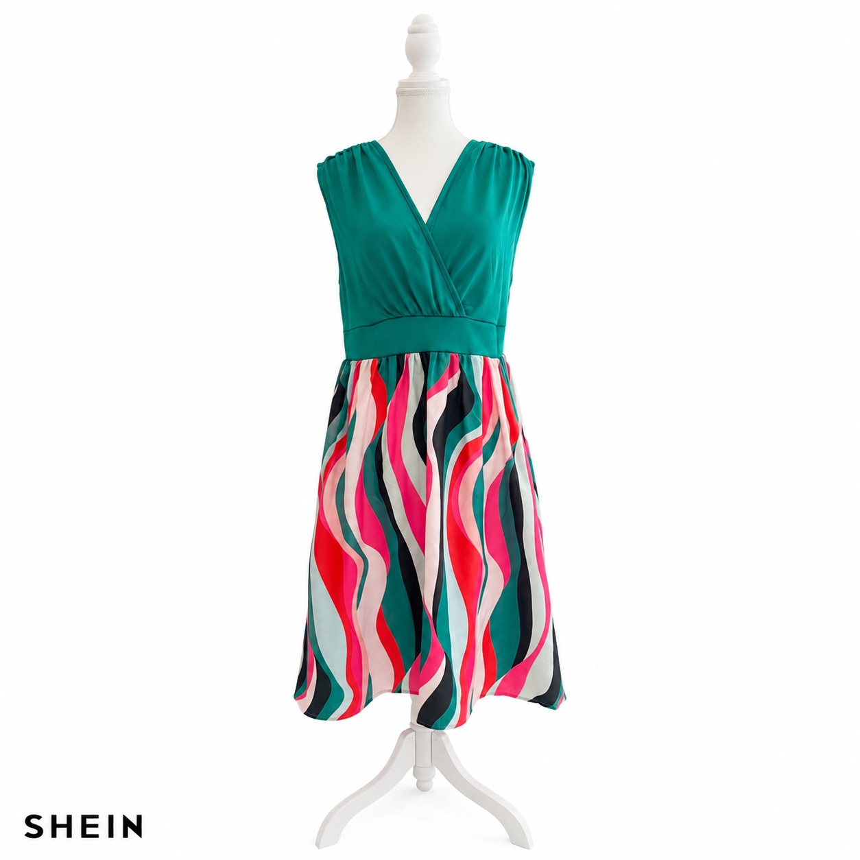 SHEIN Women's Sleeveless V-Neck Printed Midi Dress | Color Block A-Line Casual Dress | Everyday & Summer Wear