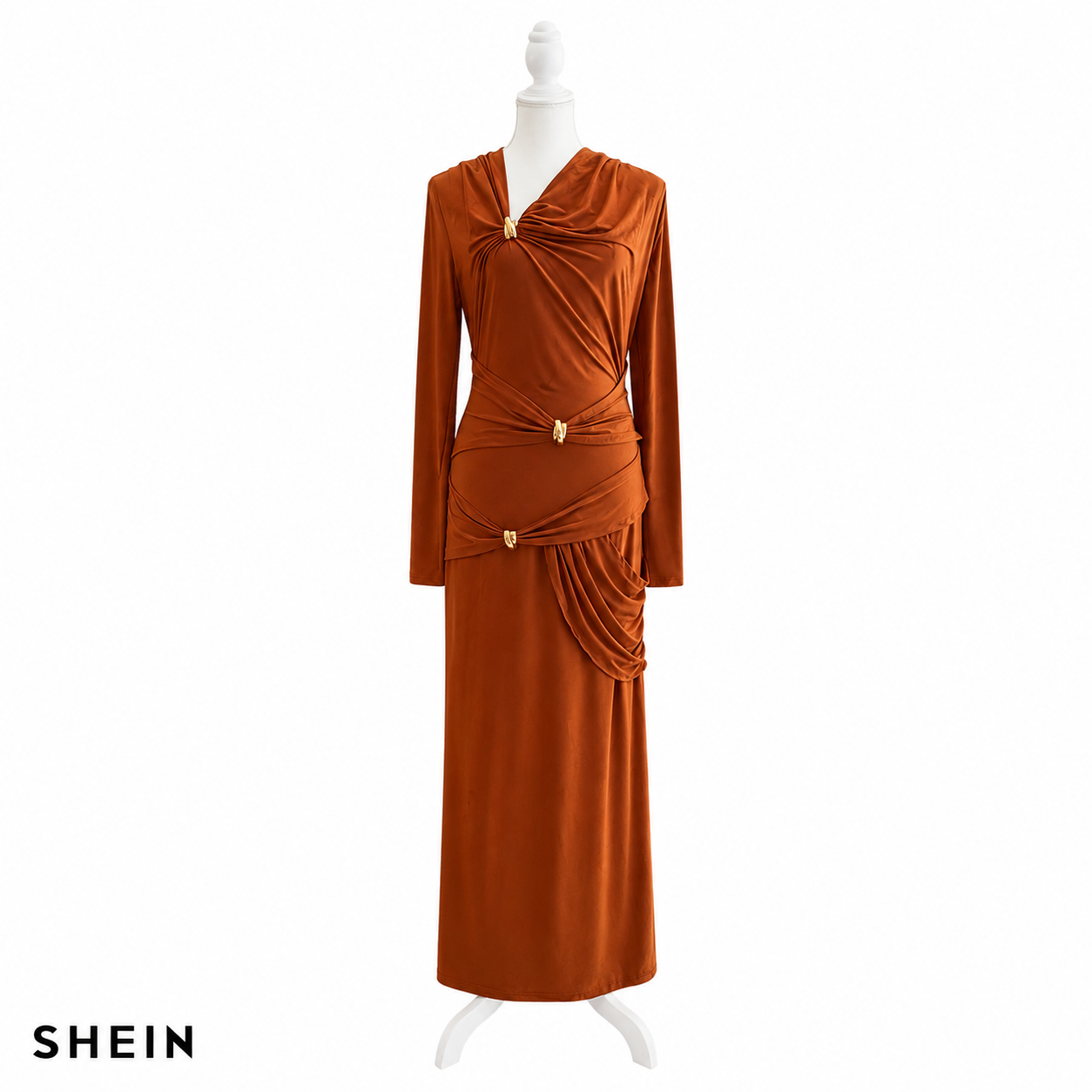 SHEIN Women's Long Sleeve Ruched Maxi Dress | Elegant Draped Bodycon Evening Dress | Formal & Party Wear