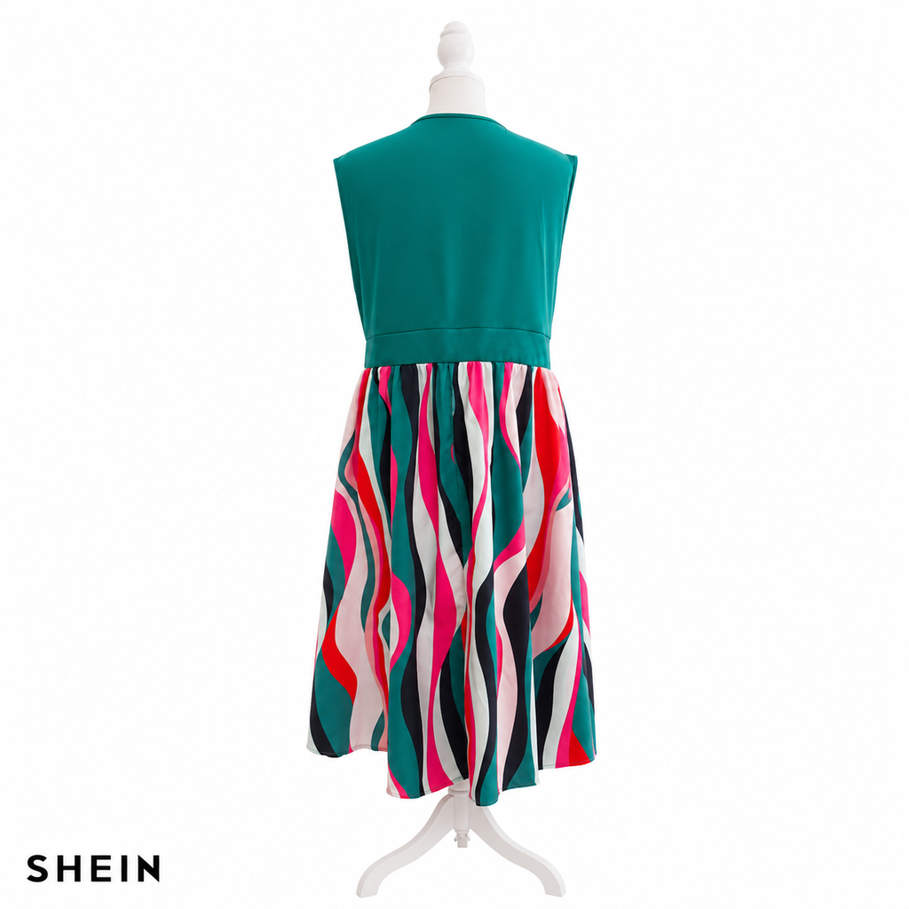 SHEIN Women's Sleeveless V-Neck Printed Midi Dress | Color Block A-Line Casual Dress | Everyday & Summer Wear