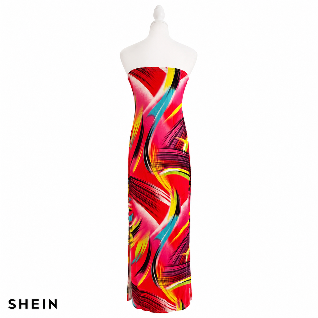 SHEIN Women's Strapless Abstract Print Maxi Dress | Bodycon Tube Dress | Summer Vacation & Beach Wear