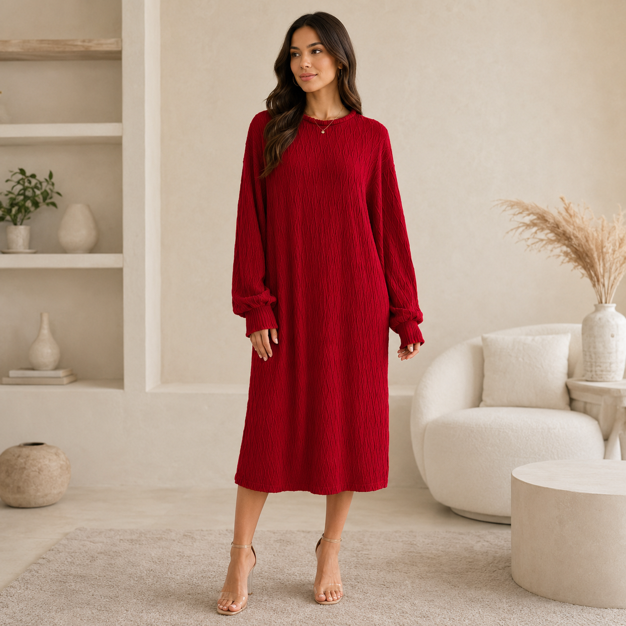 EMERY ROSE Women's Cable Knit Sweater Dress | Long Sleeve Loose Fit Midi Dress | Casual Winter & Everyday Wear