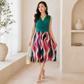 SHEIN Women's Sleeveless V-Neck Printed Midi Dress | Color Block A-Line Casual Dress | Everyday & Summer Wear