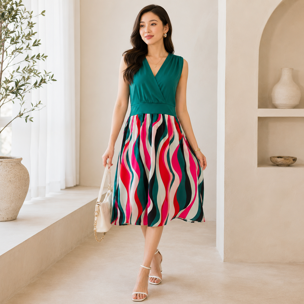 SHEIN Women's Sleeveless V-Neck Printed Midi Dress | Color Block A-Line Casual Dress | Everyday & Summer Wear