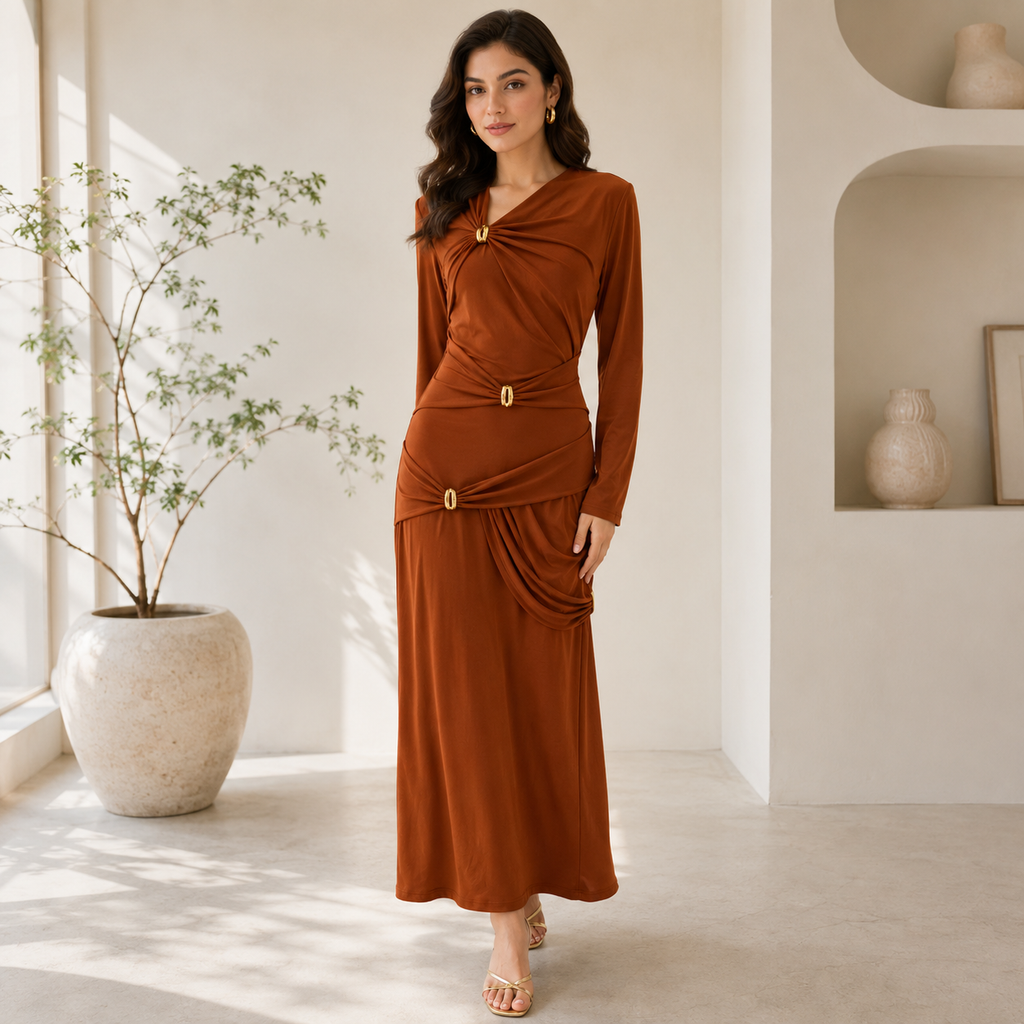 SHEIN Women's Long Sleeve Ruched Maxi Dress | Elegant Draped Bodycon Evening Dress | Formal & Party Wear