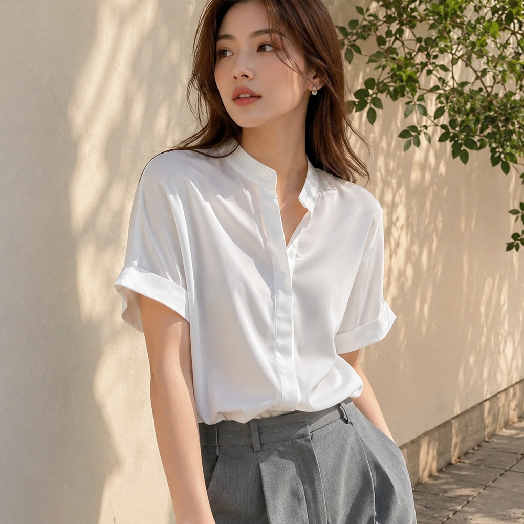 Women's Chinese Collar Chiffon Blouse | Lightweight Short Sleeve Plain Top | Casual Minimalist Shirt