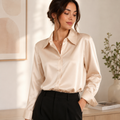 Women’s Solid Color Satin Long Sleeve Shirt | Elegant Button-Up Blouse