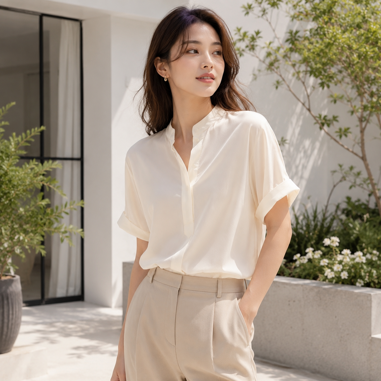 Women's Chinese Collar Chiffon Blouse | Lightweight Short Sleeve Plain Top | Casual Minimalist Shirt