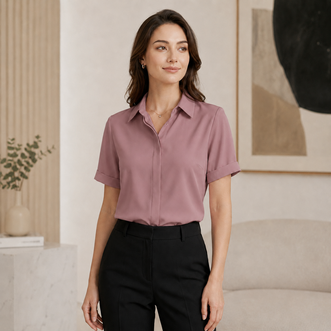 Women's Short Sleeve Plain Blouse – Elegant Pleated Collar Office Shirt | Loose Fit Business Casual Top