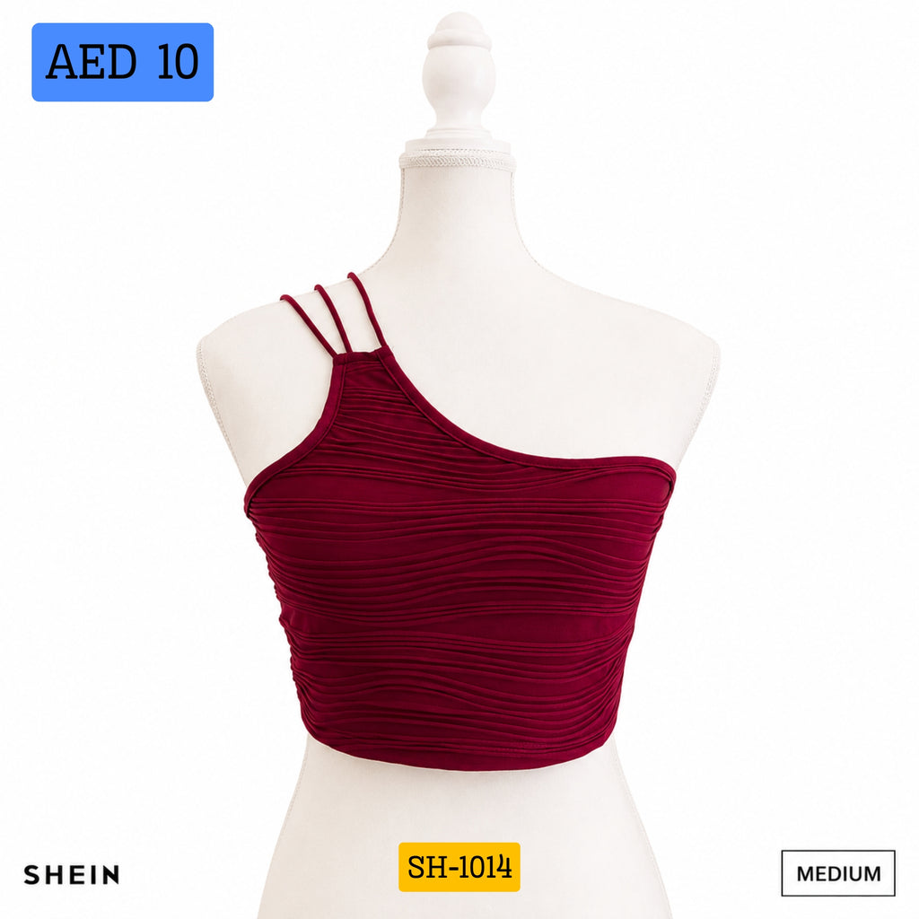 SHEIN Women's One-Shoulder Ruched Crop Top – Burgundy | Slim Fit Asymmetrical Cami | Size Medium