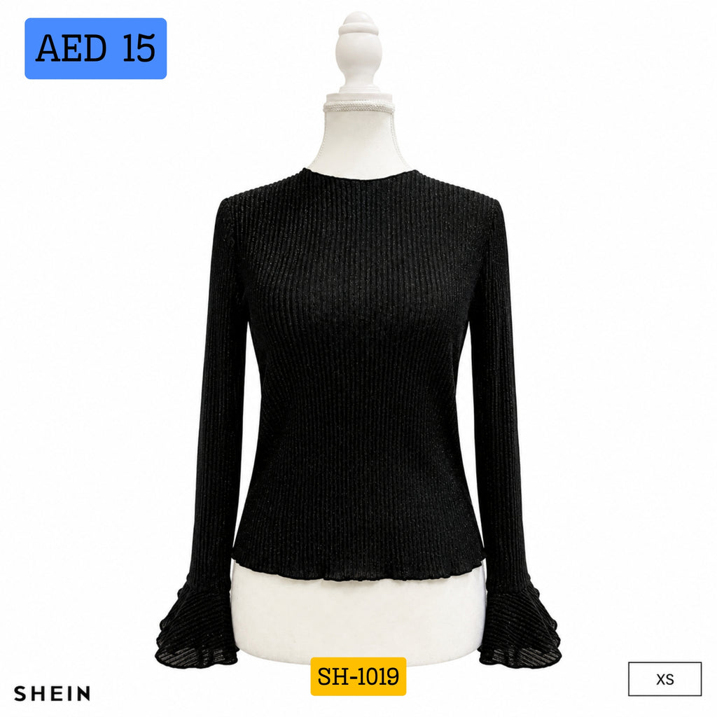 SHEIN Women's Ribbed Knit Long Sleeve Bell Cuff Top – Elegant Slim Fit Black Sweater